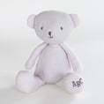 Load image into Gallery viewer, A light lavender plush teddy bear with black embroidered facial features and the letters 'ABC' stitched on its right foot, set against a plain white background.