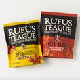 Load image into Gallery viewer, Two bags of Rufus Teague BBQ'd Some Peanuts snack mix, one yellow bag labeled Honey BBQ Honey Roasted Peanuts and one red bag labeled Hot BBQ Honey Roasted Peanuts, shown on a white background.