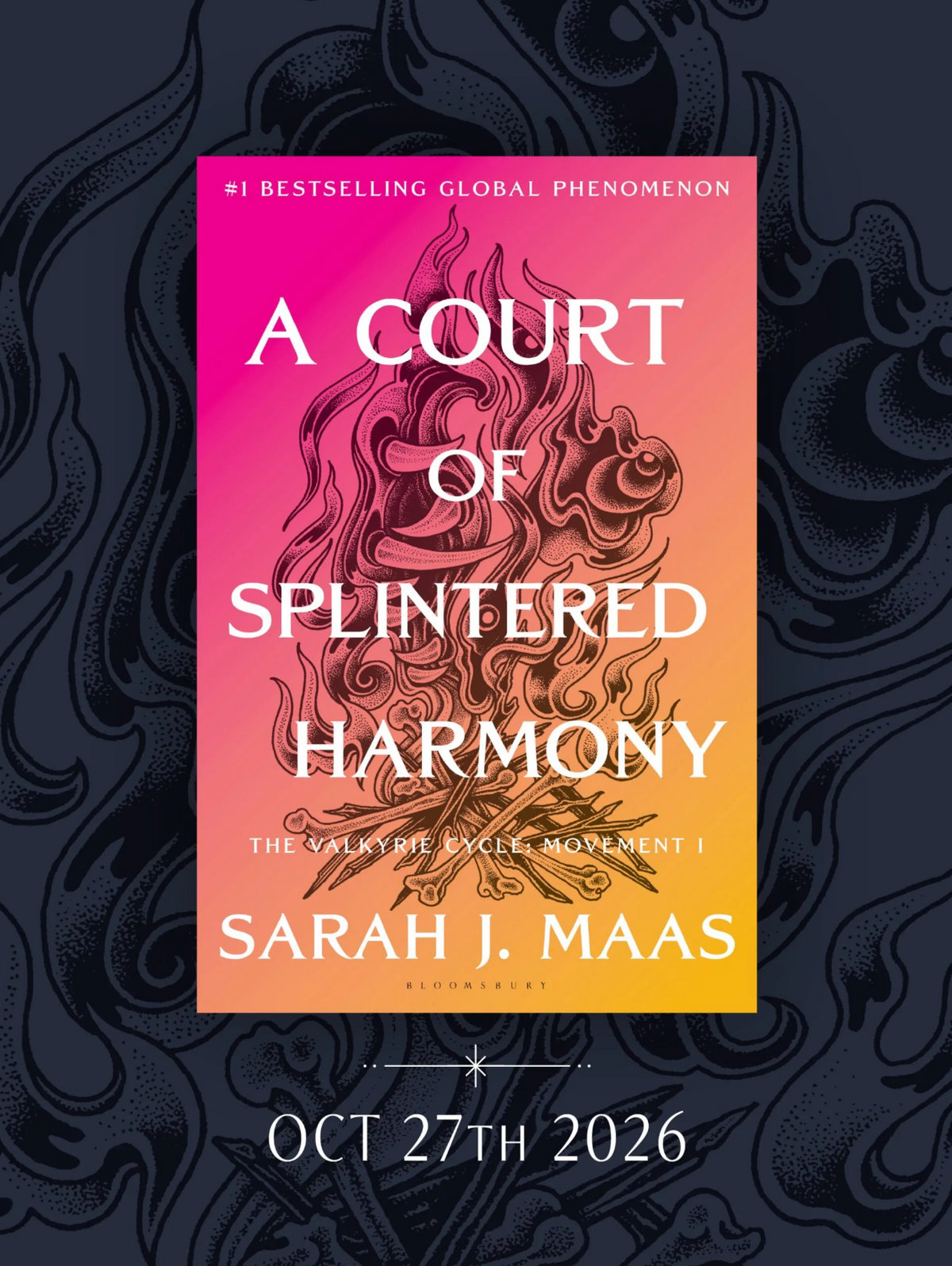 Book cover for 'A Court of Splintered Harmony' by Sarah J. Maas, featuring a pink-to-yellow gradient background with a central dark ornate illustration.