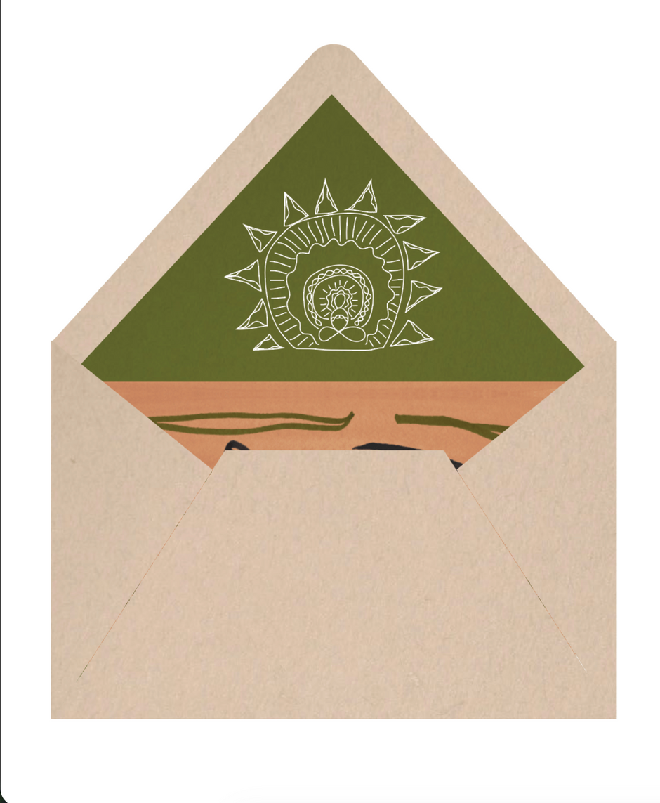 A kraft paper envelope shown open, with a green inner flap featuring a white illustrated emblem and a peach-colored horizontal band near the opening.