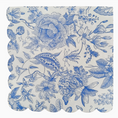 Load image into Gallery viewer, A square paper napkin with scalloped edges featuring a classic blue toile floral pattern on a white background.
