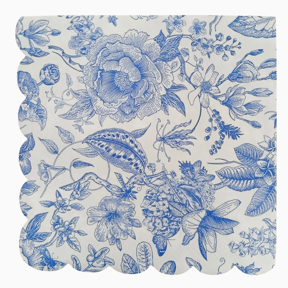 A square paper napkin with scalloped edges featuring a classic blue toile floral pattern on a white background.