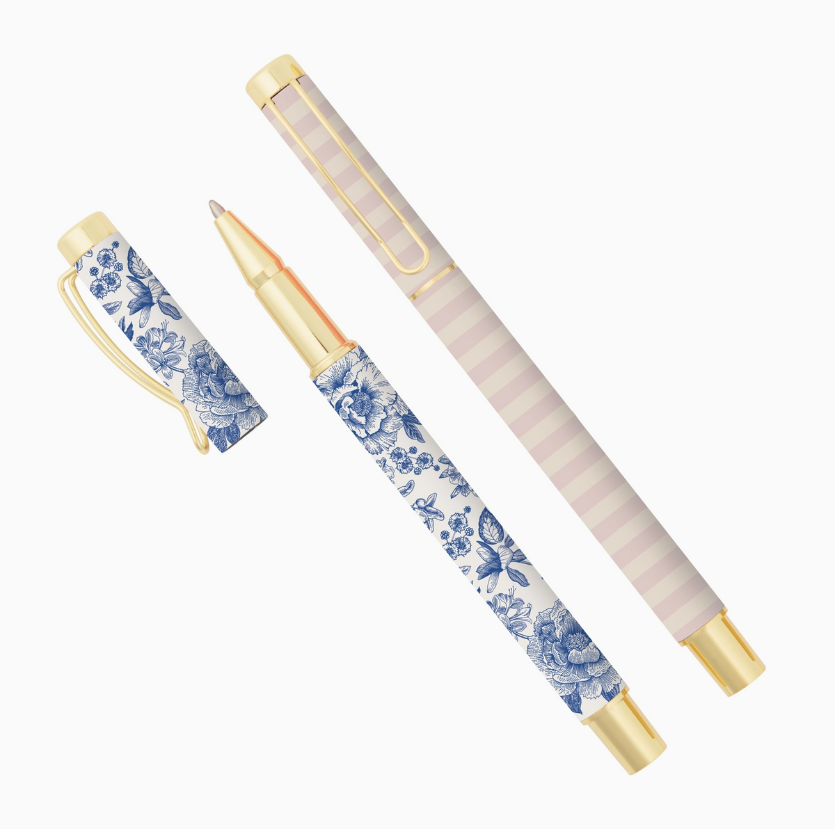 A two-piece pen set featuring a blue floral toile pattern on a white background and pale pink and white horizontal stripes, accented with gold-tone metal details.