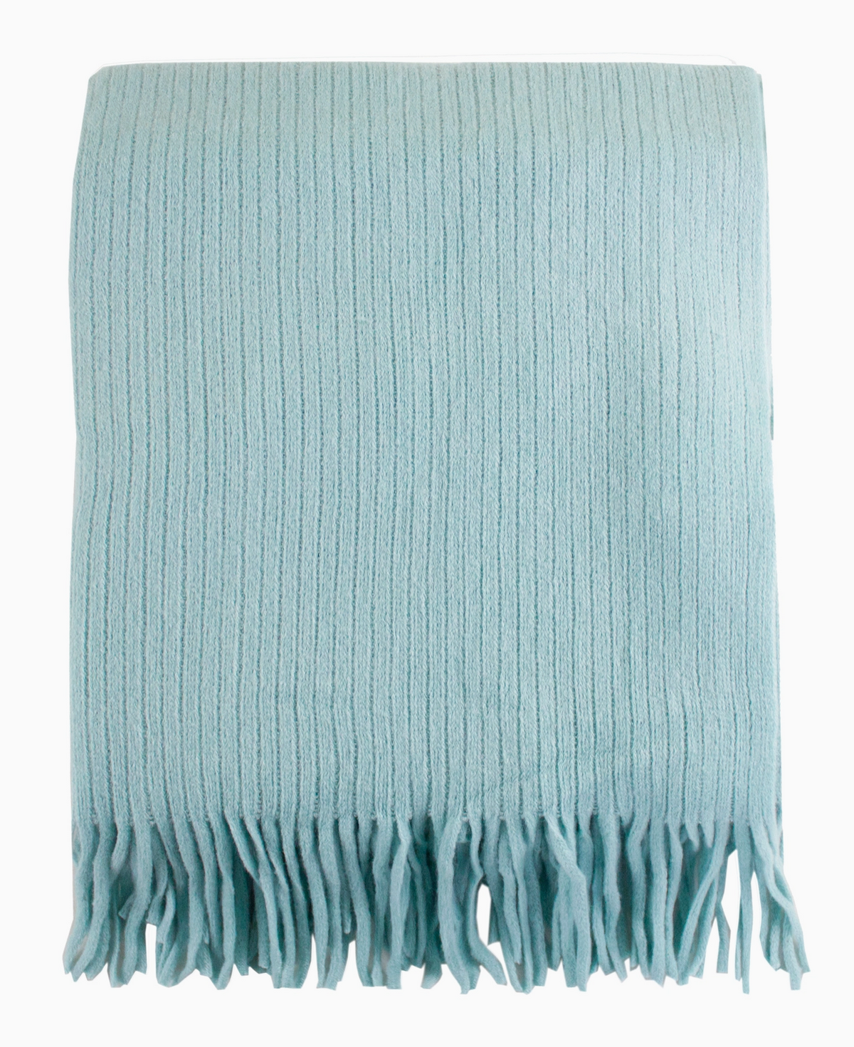 A light blue ribbed knit throw blanket with fringed edges, shown flat against a plain white background.