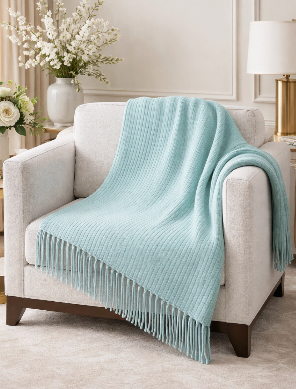 A light aqua ribbed knit throw blanket with fringe, draped over a cream-colored armchair in a bright, elegant living room setting.