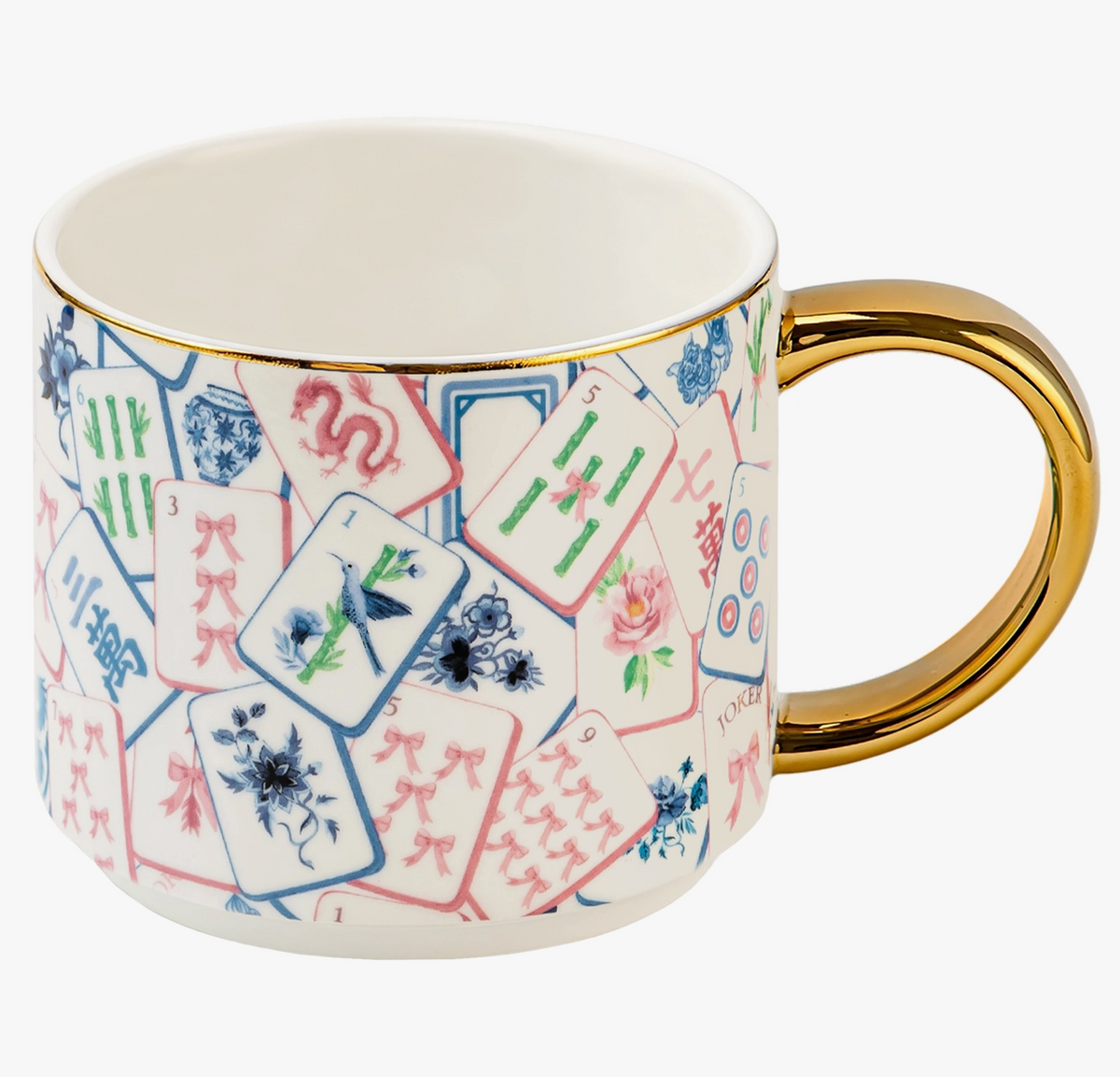 A white ceramic mug decorated with a colorful mahjong tile pattern and featuring a shiny gold handle and rim, set against a plain white background.
