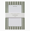 Load image into Gallery viewer, A Sweet Water Decor notepad with a vertical striped pattern in olive green and white, featuring a white paper band wrapped around the center with the text 'SWEET WATER DECOR NOTEPAD 75 sheets'.
