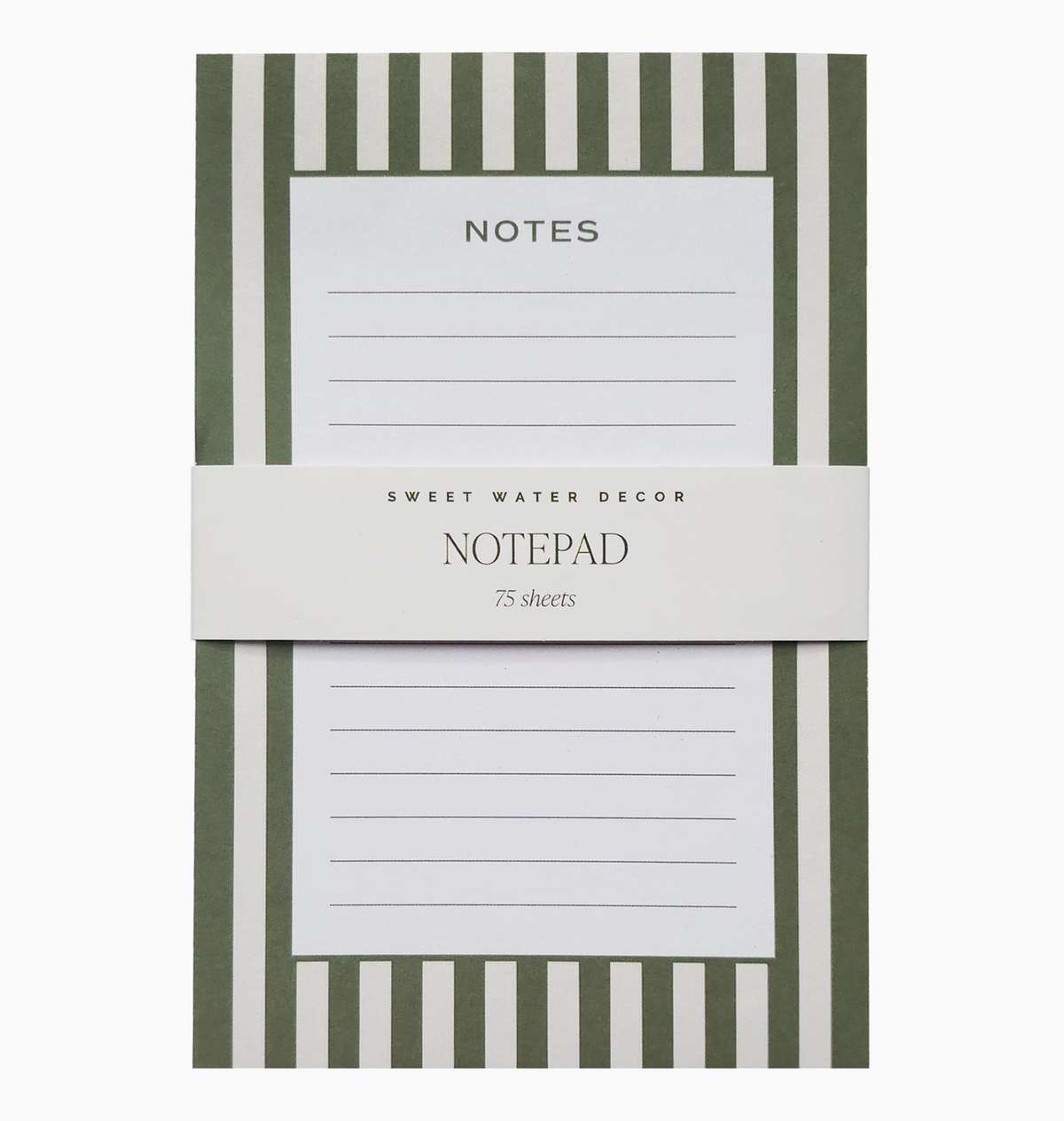 A Sweet Water Decor notepad with a vertical striped pattern in olive green and white, featuring a white paper band wrapped around the center with the text 'SWEET WATER DECOR NOTEPAD 75 sheets'.