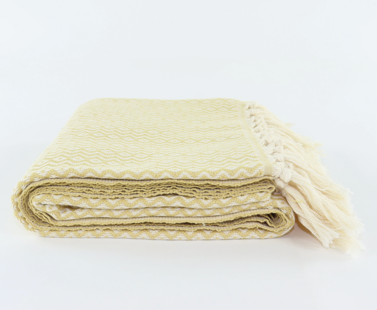 A folded yellow-colored woven turkish towel linen with a textured chevron pattern and tasseled edges, shown on a plain white background.