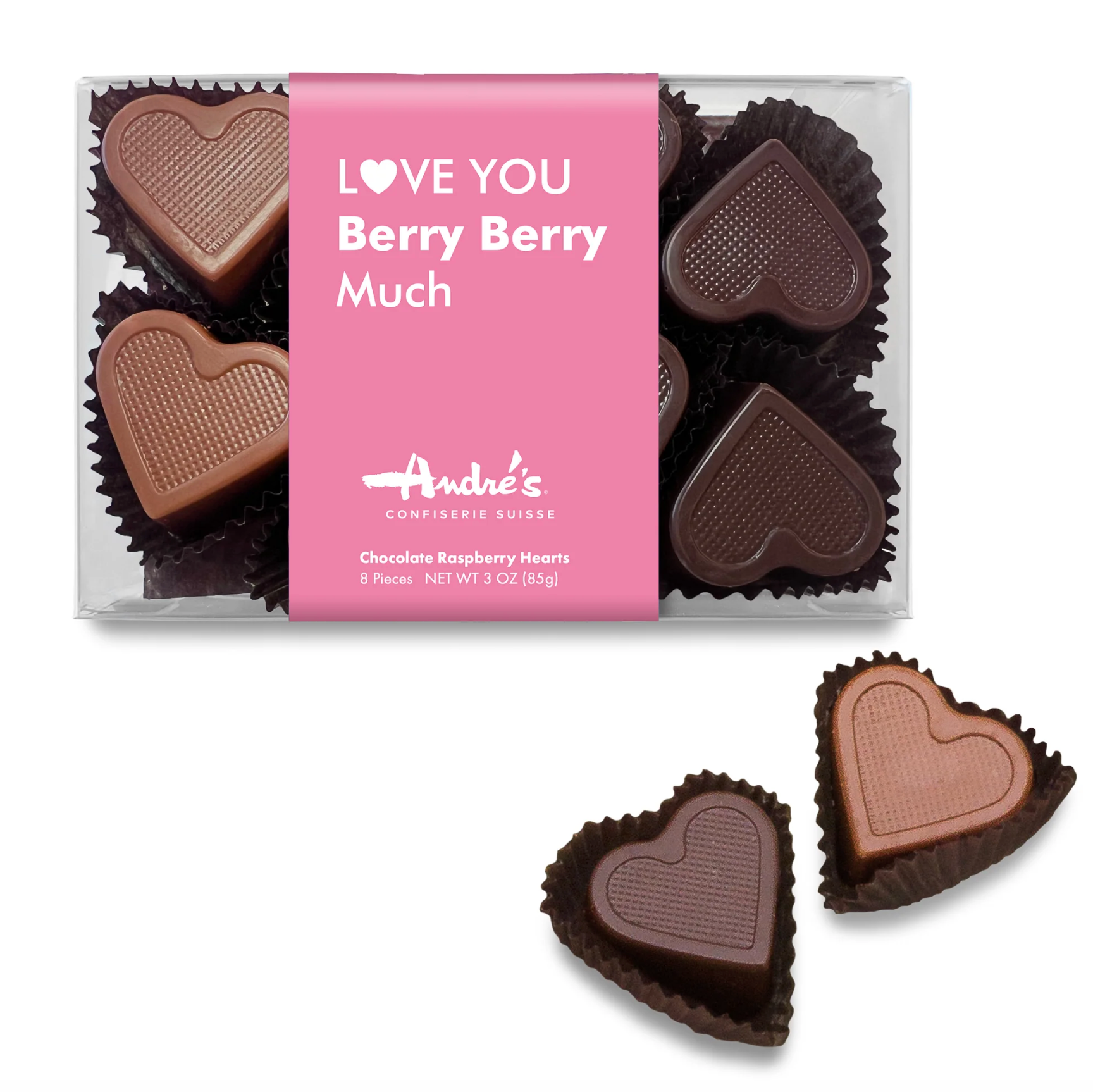 A package of heart-shaped chocolates in milk chocolate and dark chocolate flavors, with a pink label that reads "Love you Berry Berry Much"