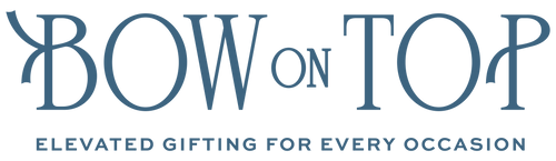 The logo for 'BOW ON TOP' features the brand name in a dark navy serif font with a stylized 'B' and 'P', accompanied by the tagline 'ELEVATED GIFTING FOR EVERY OCCASION' in a smaller sans-serif font below, all set against a solid white background.