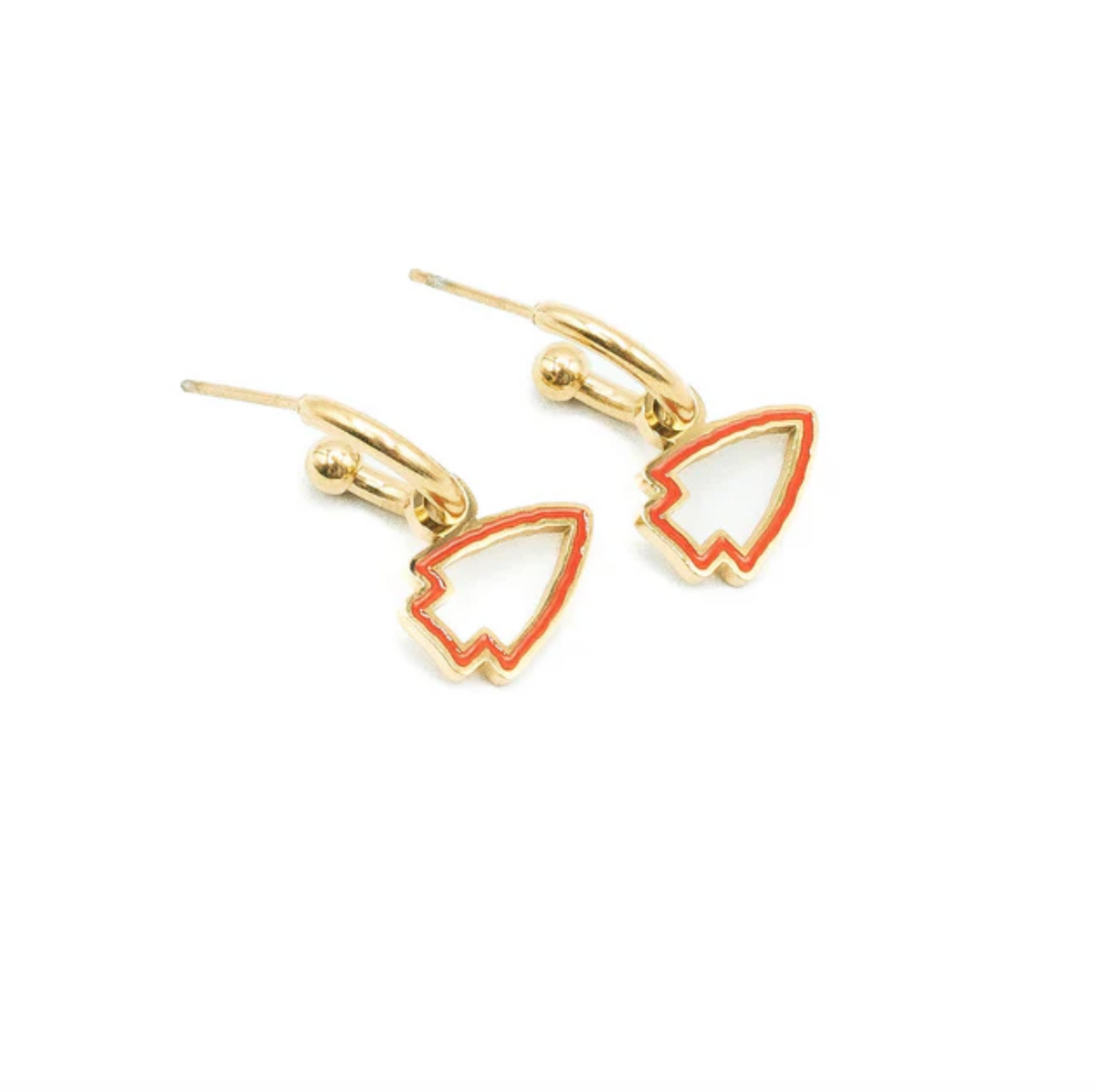 Gold Hoop Earrings with Red Arrowheads on them, referencing the Kansas City Chiefs