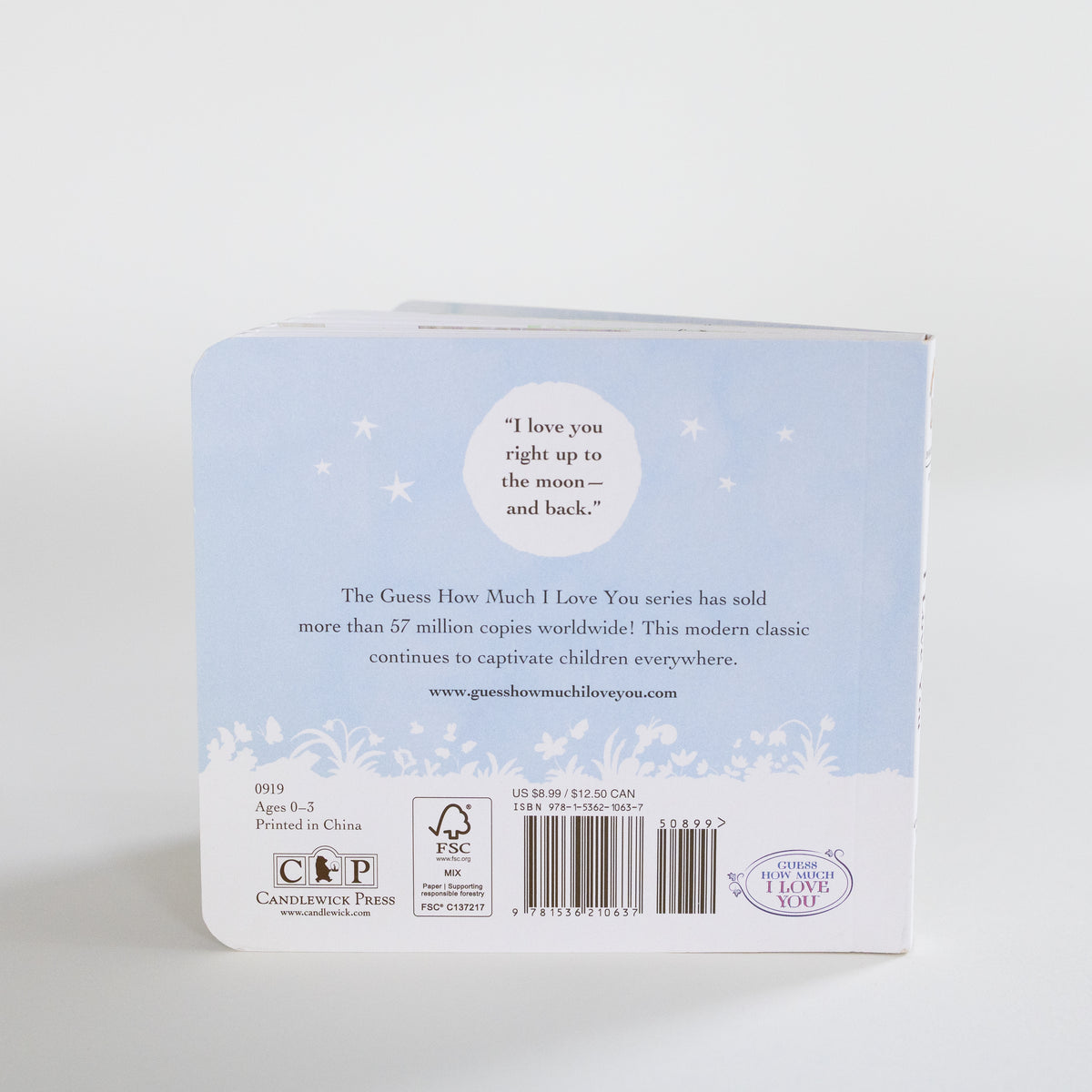 Back cover of a Candlewick Press children's book titled 'Guess How Much I Love You Series', featuring a light blue and white design with text, a barcode, and a '100th Book' celebration seal.