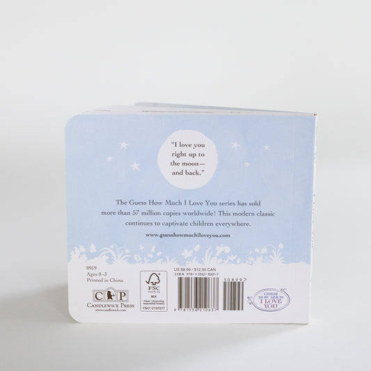 Back cover of a Candlewick Press children's book titled 'Guess How Much I Love You Series', featuring a light blue and white design with text, a barcode, and a '100th Book' celebration seal.