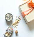 Load image into Gallery viewer, A birthday gift set featuring a white candle in a silver tin with a botanical bird illustration., and a small glass bottle of matches labeled 'make a WISH!' with a cork stopper.
