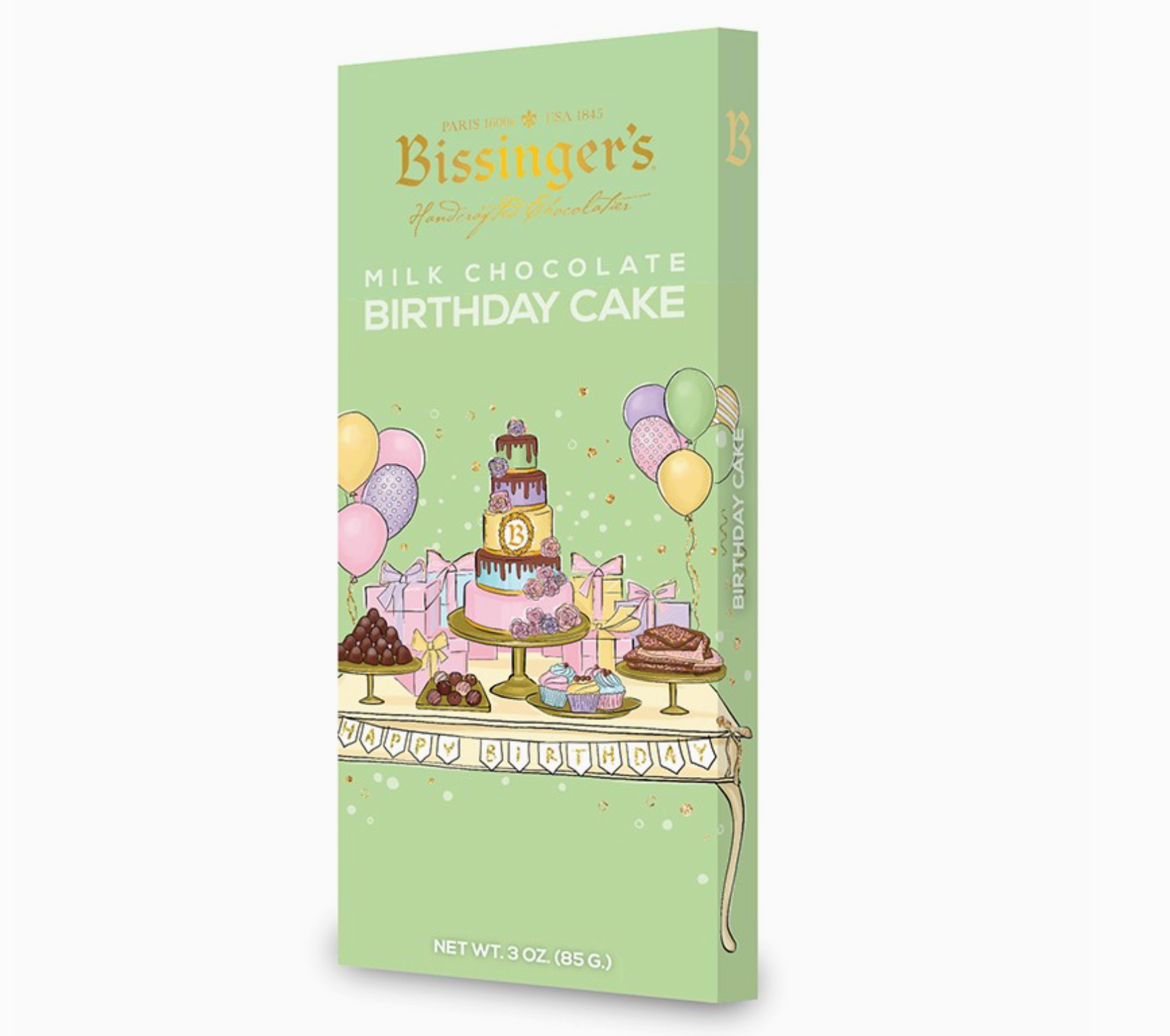 A tall rectangular package of Bissinger's Milk Chocolate Birthday Cake chocolate, featuring a pastel green cover with an illustration of a birthday cake, balloons, and desserts.