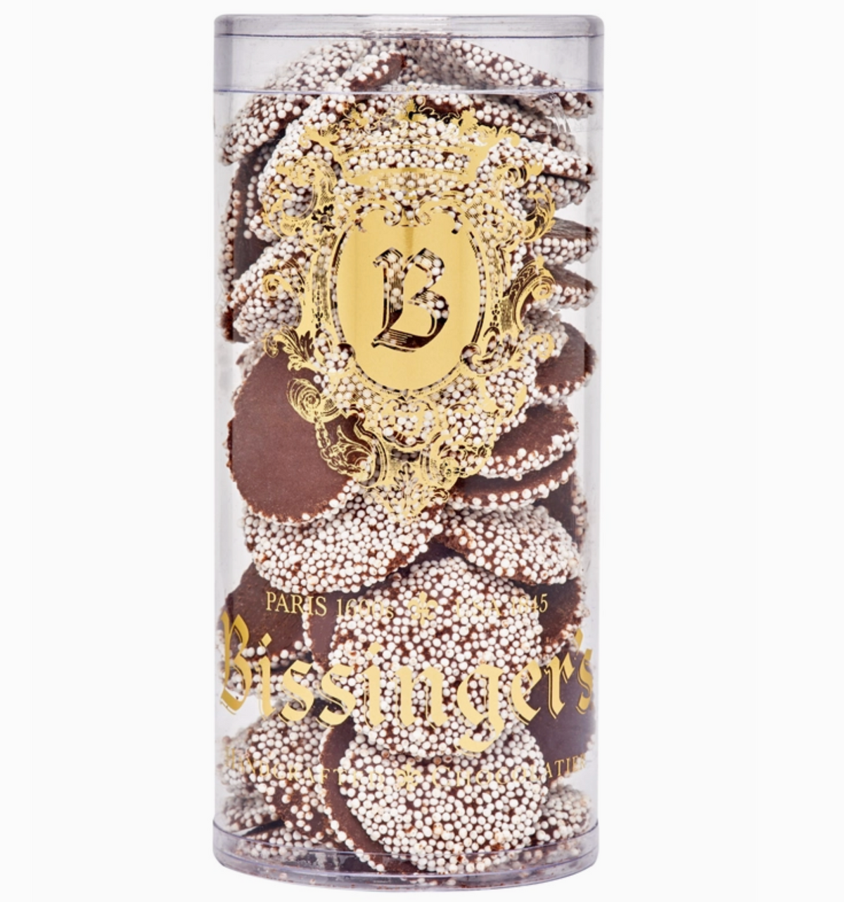 A clear tube of Dark Chocolate discs covered with white nonpareils