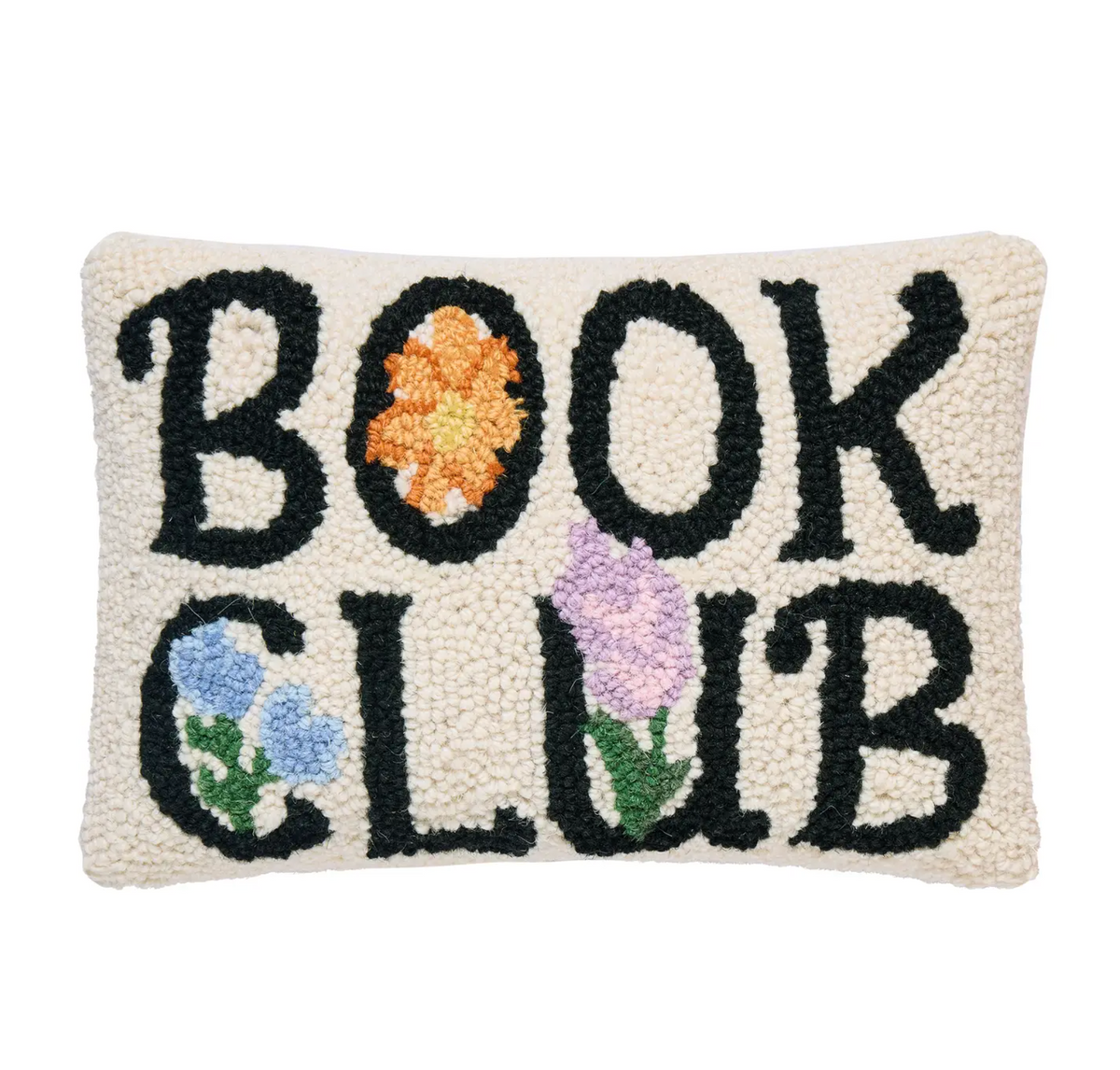 A rectangular tufted wool pillow with the words 'BOOK CLUB' in black letters on an off-white background, decorated with colorful flowers.