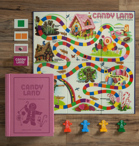 The overhead layout of the Candy Land board game with game pieces and board game box.