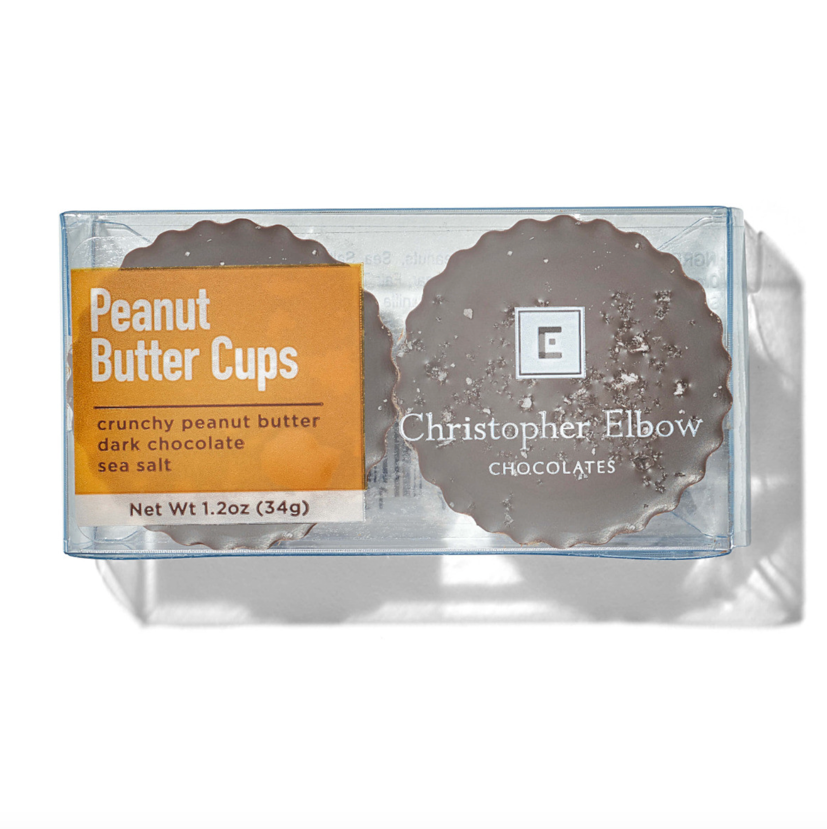 A two-pack of dark chocolate peanut butter cups made by Christopher Elbow Chocolates. 