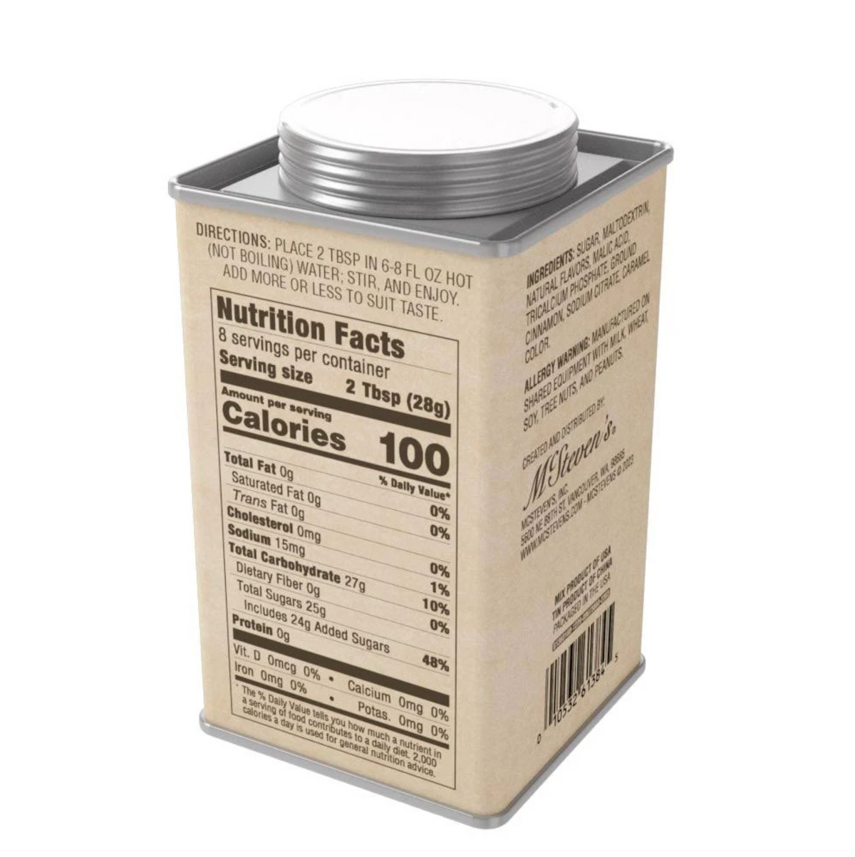 A square metal canister of Cinnamon Apple Cider with a beige label showing the nutrition facts panel, photographed on a white background.
