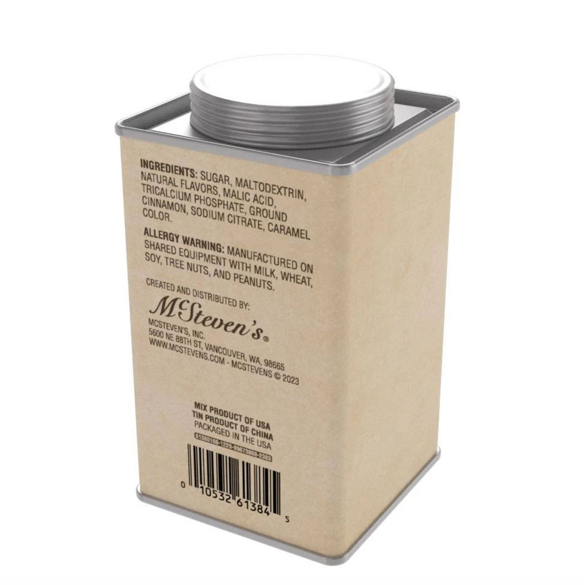 A square metal canister of Cinnamon Apple Cider with a beige label showing the Ingredients and Allergens panel, photographed on a white background.