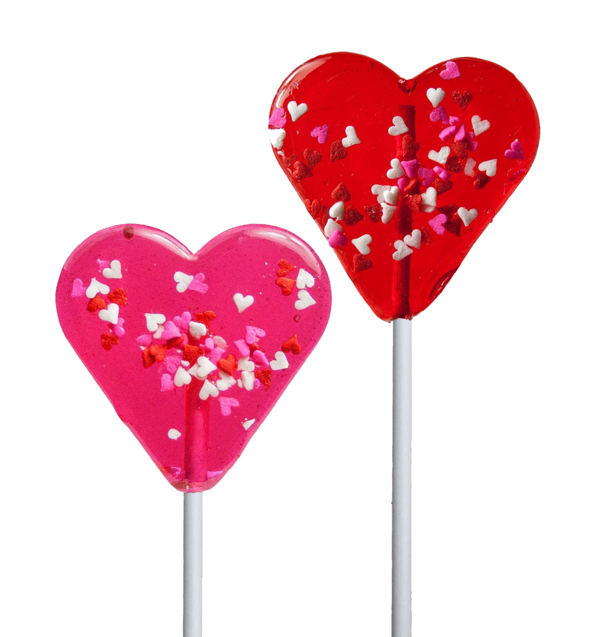 Two heart-shaped lollipops in pink and red covered with heart-shaped sprinkles in white, pink and red