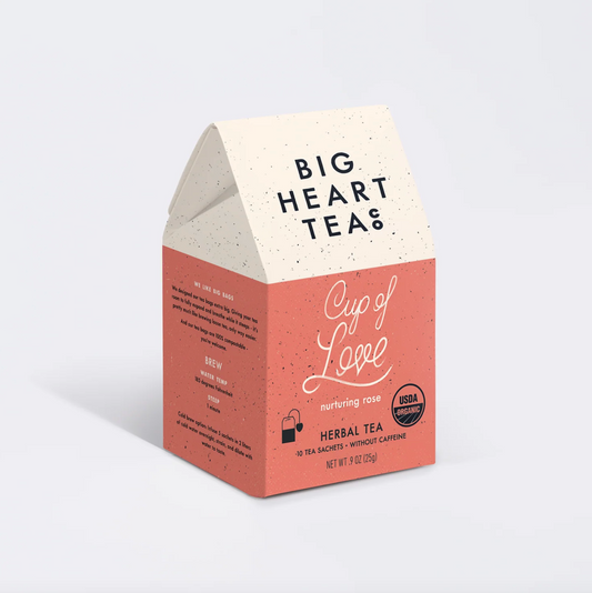 a 10-pack pink box of Cup of Love Rose Tea from Big Heart Tea
