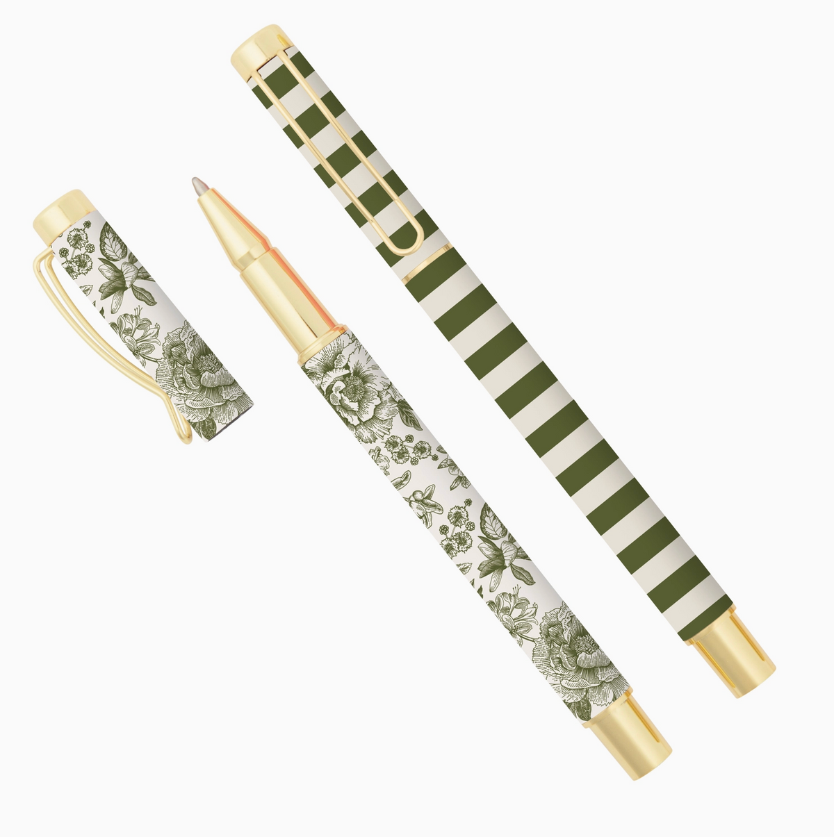 A decorative ballpoint pen and its cap shown on a plain white background. The pen body and cap feature an off-white base with olive green stripes and a matching floral toile-style print, accented with gold-toned metal trim.