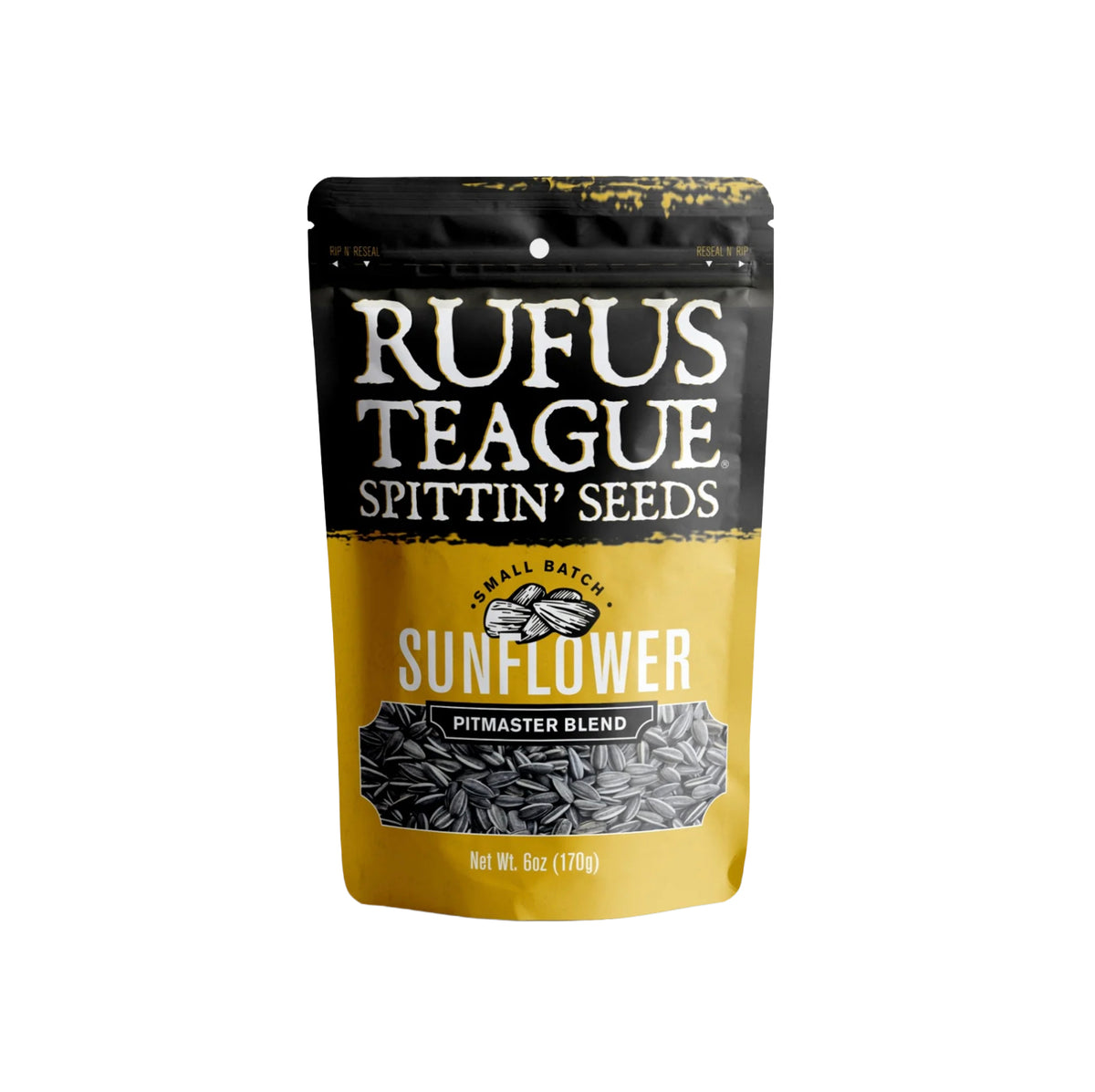 Rufus Teague Spittin' Sunflower Seeds in "Pitmaster Blend" Flavor, 6oz bag with yellow and black packaging. 