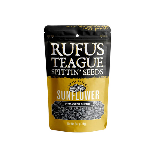 Rufus Teague Spittin' Sunflower Seeds in "Pitmaster Blend" Flavor, 6oz bag with yellow and black packaging. 