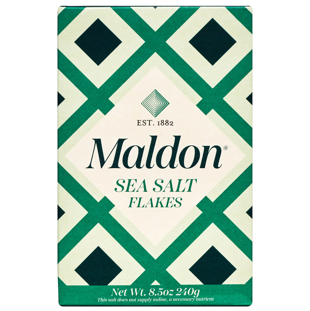 A rectangular box of Maldon Sea Salt Flakes with a green and cream geometric diamond pattern, featuring the brand name 'Maldon' and 'EST. 1882' on the front.