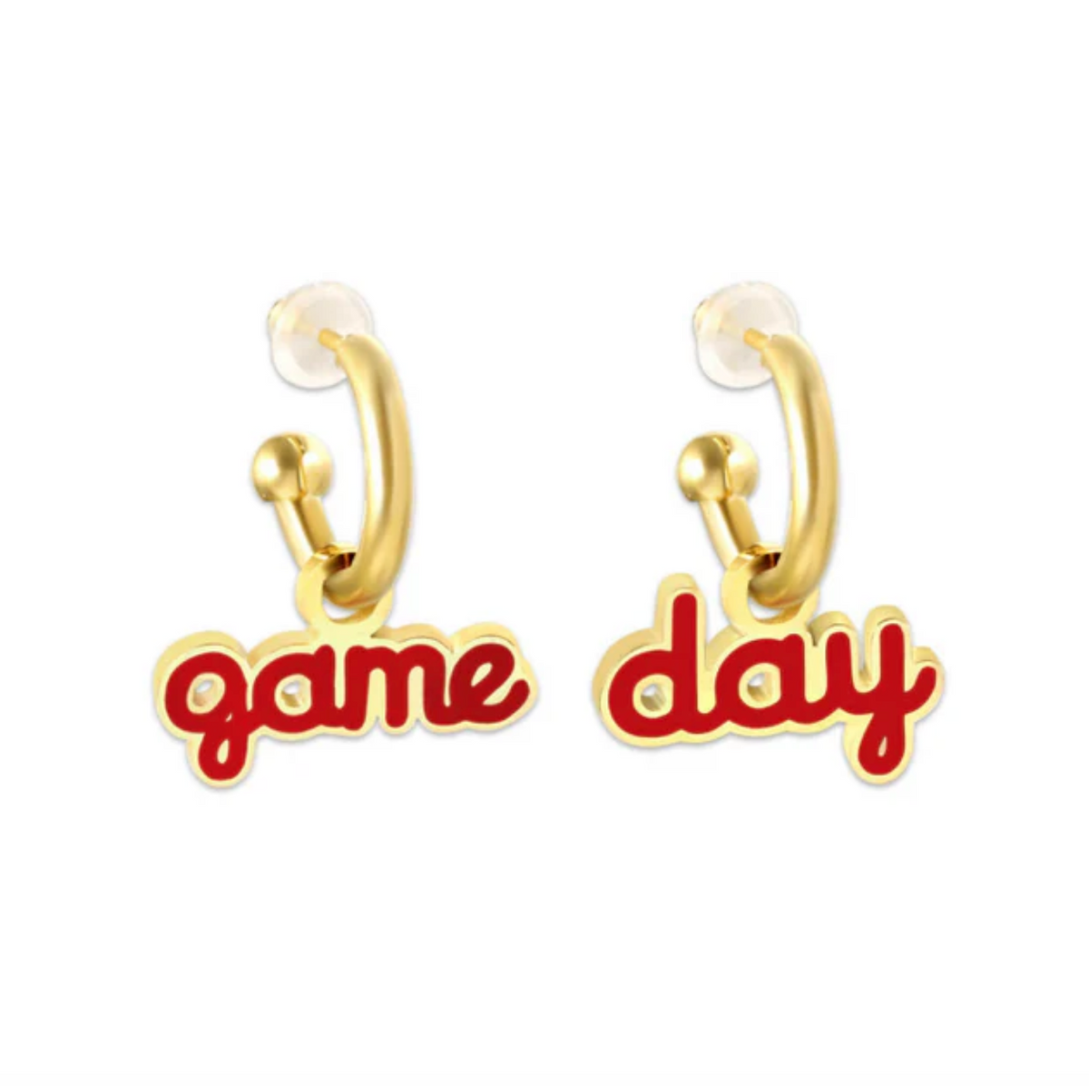 Gold earrings with the words "Game" and "Day" in red script.