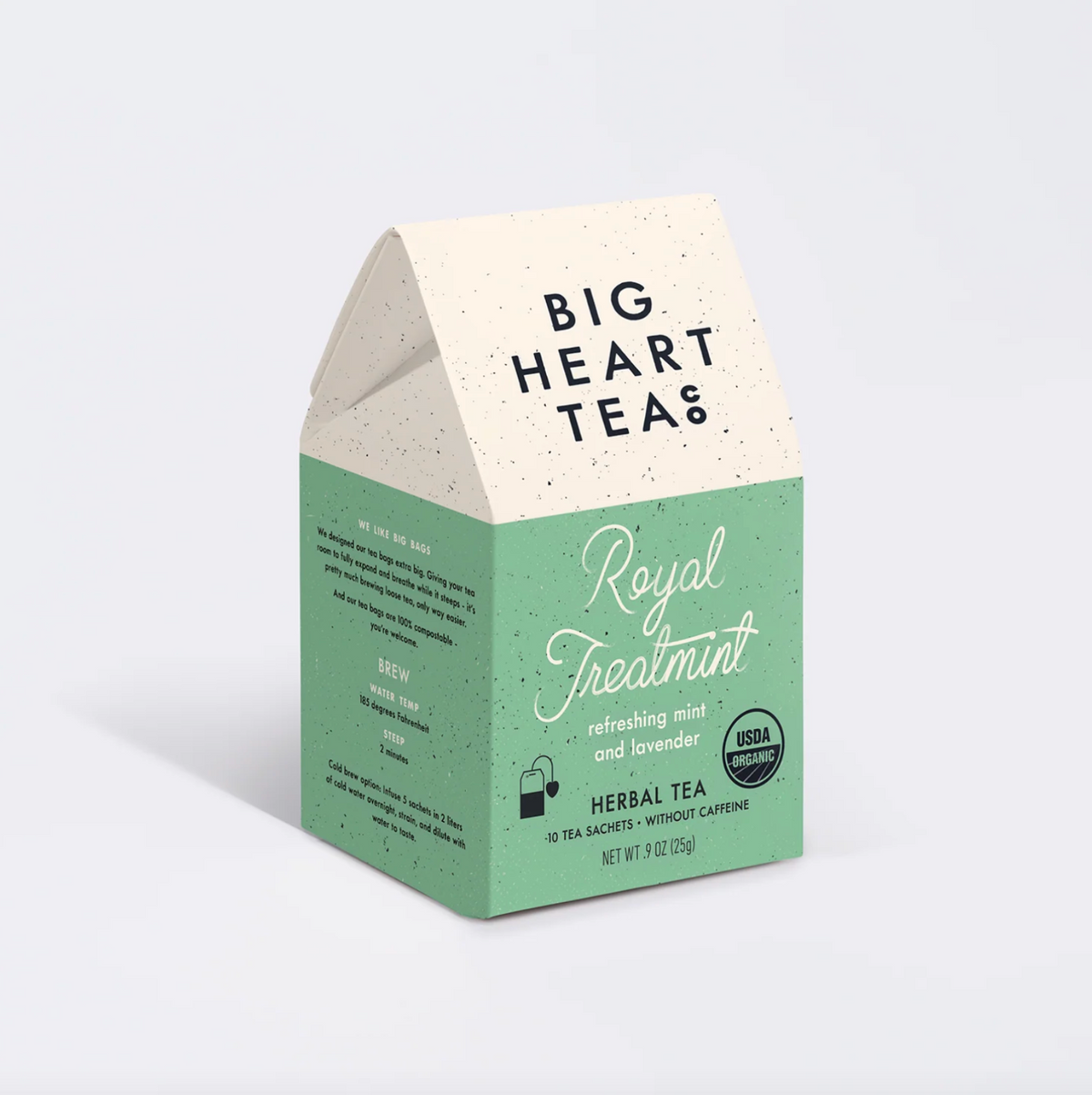 A 3 oz box of Big Heart Tea's Royal Treatmint herbal tea, featuring a speckled mint green and cream paperboard packaging on a light gray background.