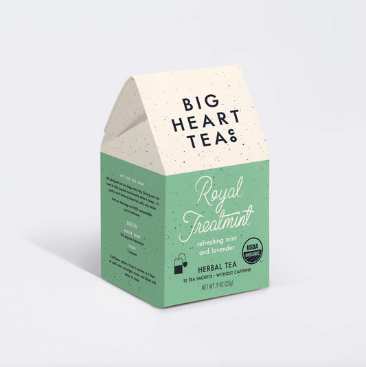 A 3 oz box of Big Heart Tea's Royal Treatmint herbal tea, featuring a speckled mint green and cream paperboard packaging on a light gray background.