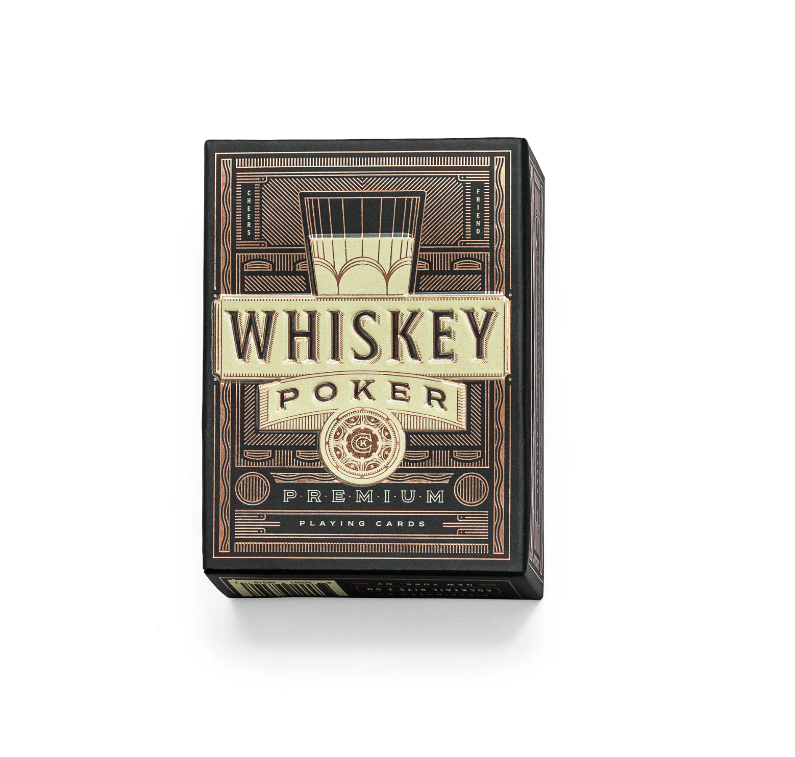 A box of Whiskey Poker Premium Playing Cards, featuring a vintage-style design in black, beige, and brown tones, set against a plain white background.