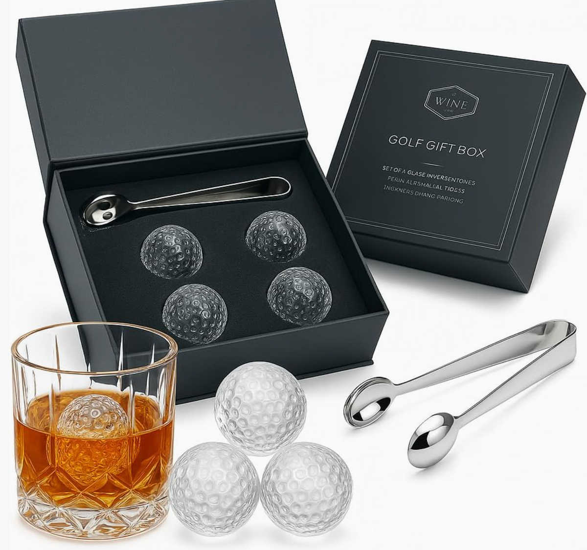 Golf-themed whiskey gift set featuring four clear glass golf balls, two silver metal tongs, a cut-glass tumbler with amber liquid and a golf ball, and a black presentation box labeled 'GOLF GIFT BOX'.