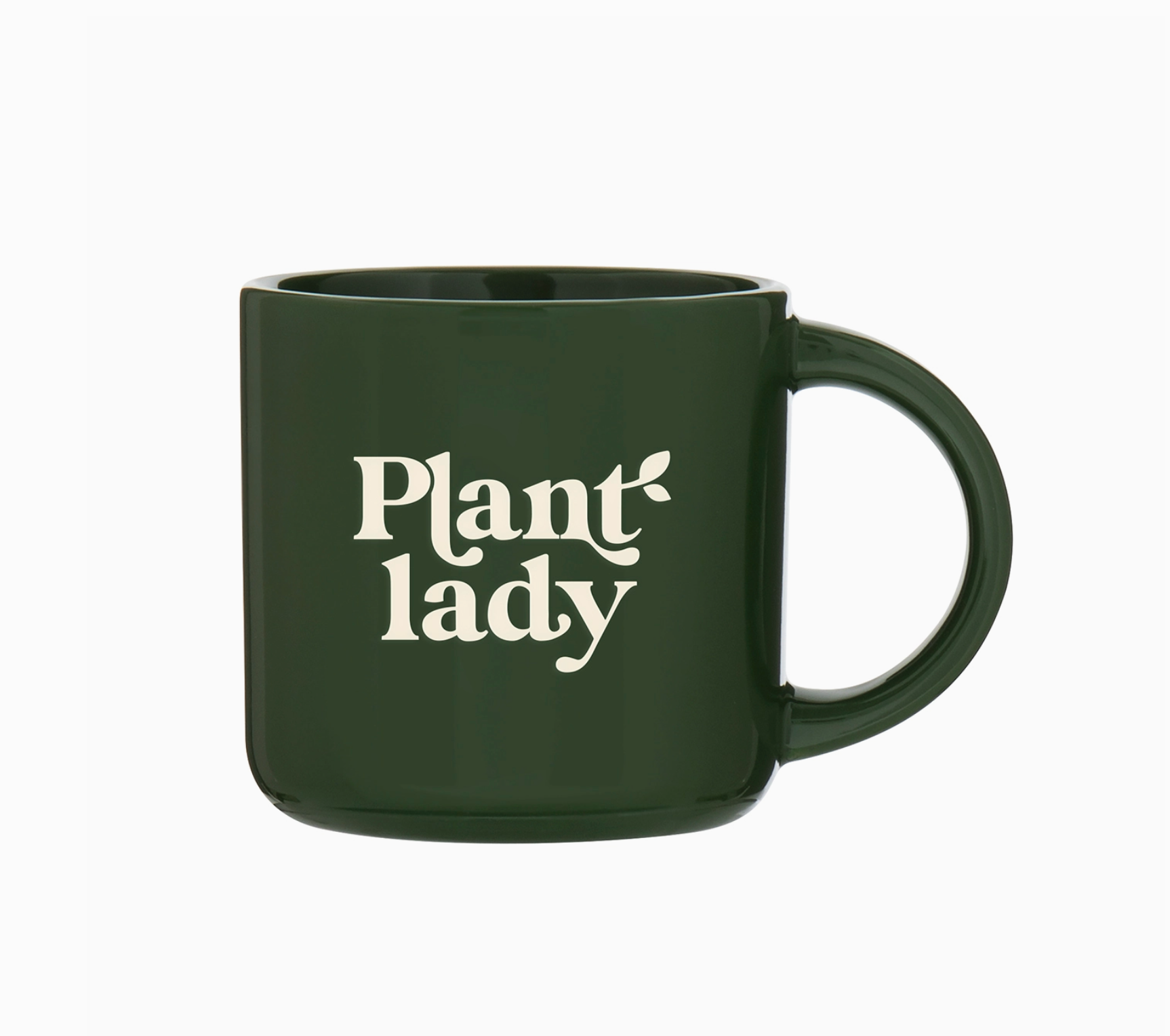 A dark green ceramic mug with the words 'Plant lady' printed in white on the front, set against a plain white background.
