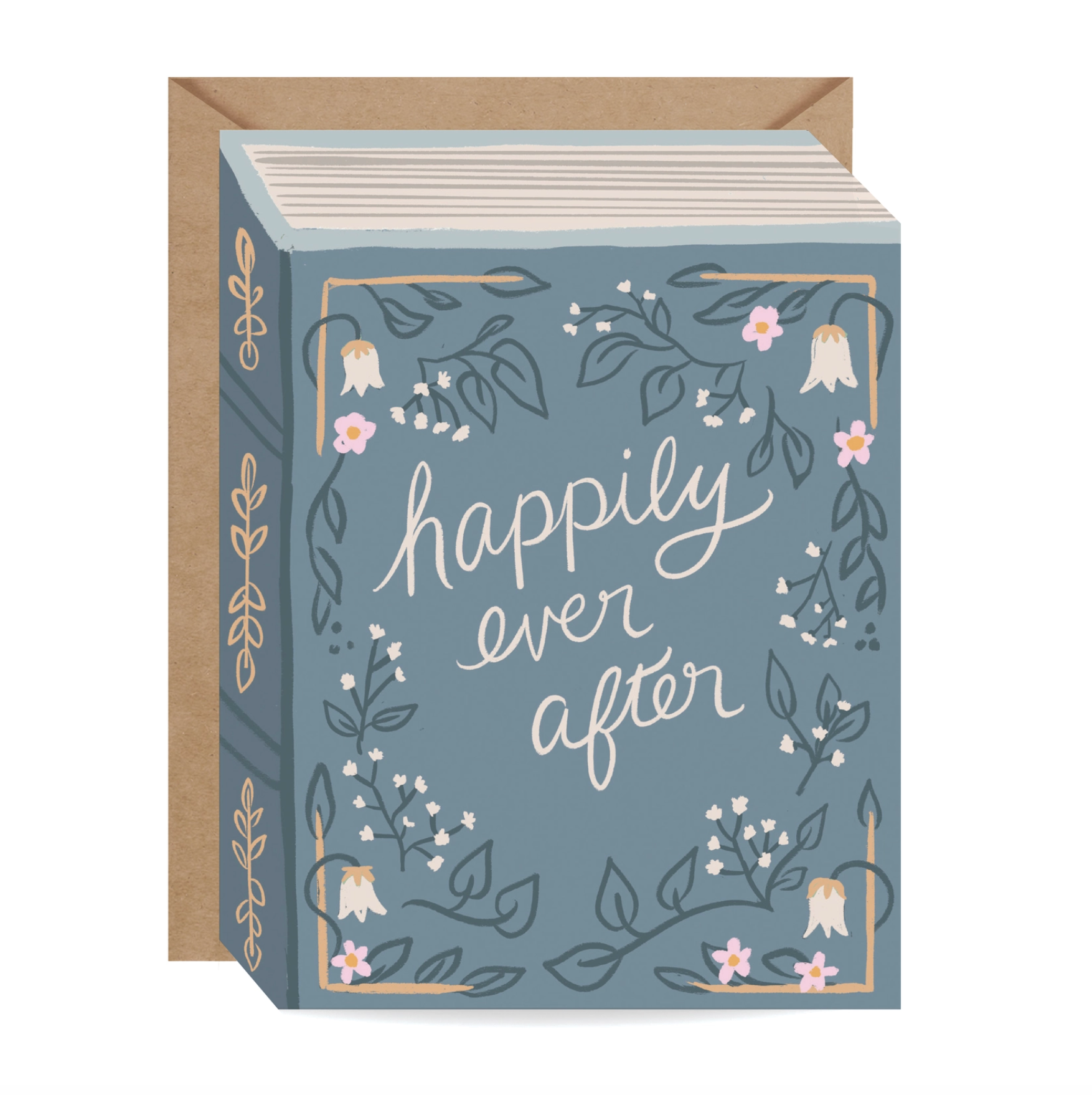 A greeting card with a kraft envelope, featuring a dusty blue front with white script text reading 'happily ever after' and delicate botanical illustrations, shown on a white background.