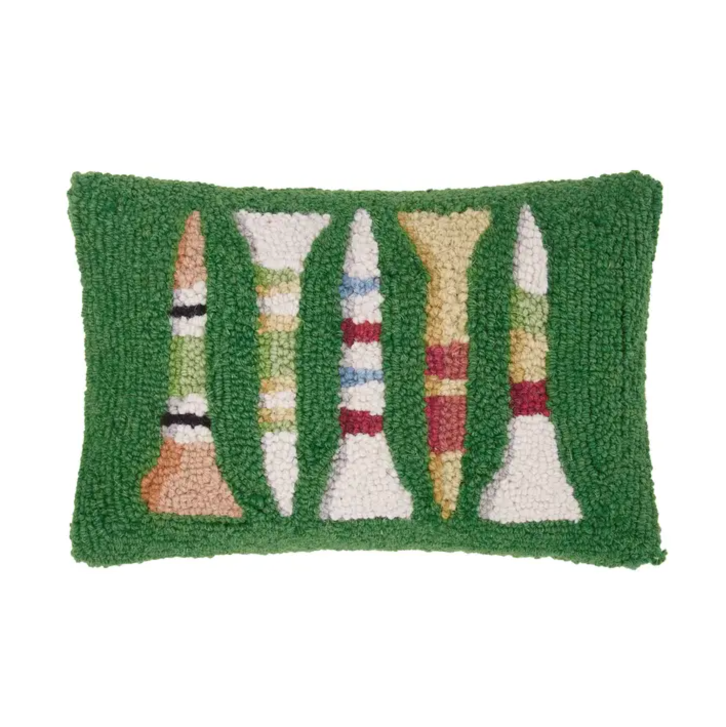 A green latchhook pillow with multi-colored golf tees on a white background