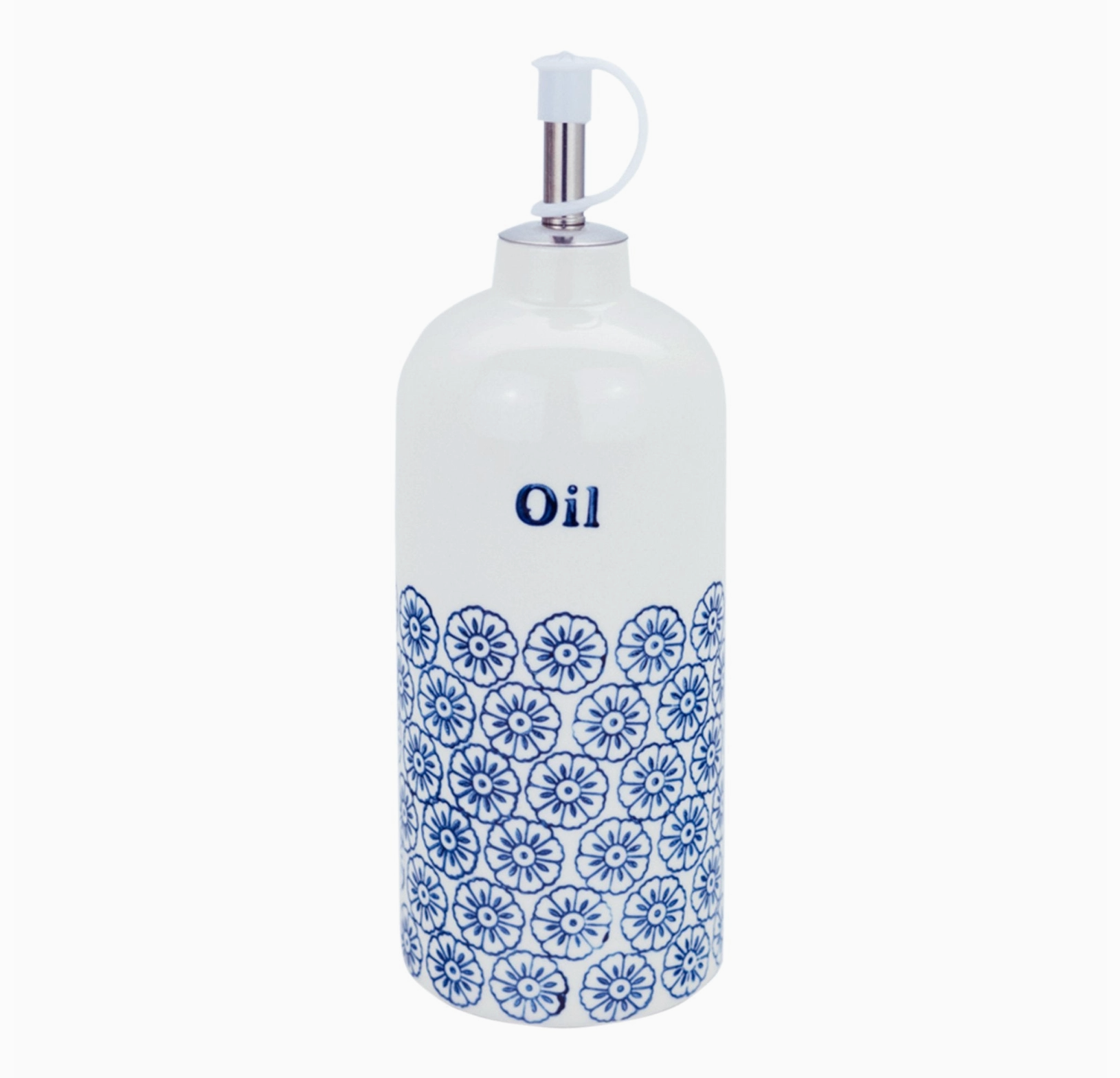 A white ceramic oil bottle with a blue floral pattern on the lower half, featuring a blue 'Oil' label and a metal pour spout with a white plastic cap, set against a plain white background.