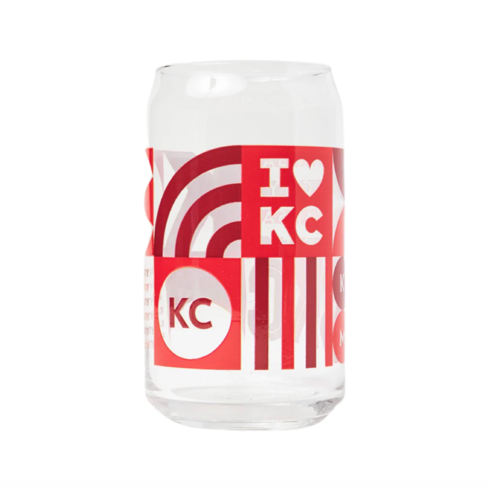 a beer can glass covered with red graphics and designs including the words "I Heart KC"