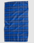 Load image into Gallery viewer, A rectangular blue plaid towel with white and navy intersecting stripes, laid flat against a light gray background.
