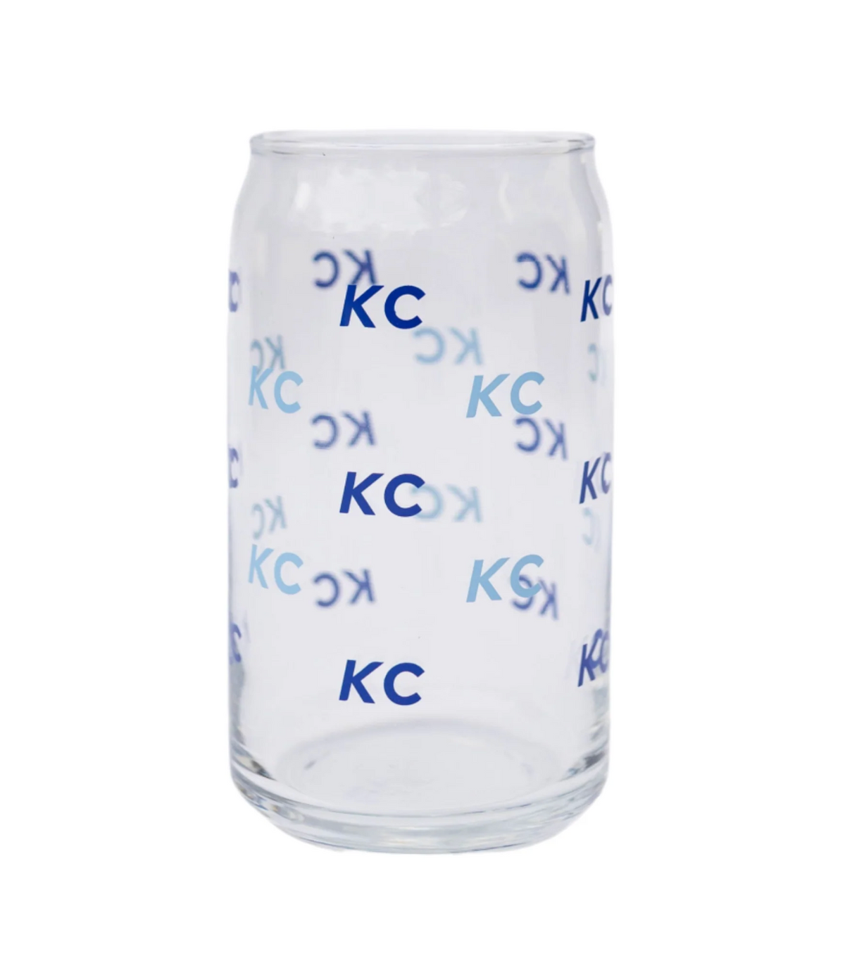 A clear glass can-shaped tumbler with a repeating blue 'KC' logo pattern, shown against a plain white background.