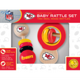 Load image into Gallery viewer, Kansas City Chiefs NFL Baby Rattle Set in retail packaging, showing two wooden baby rattles with red, yellow, and black accents on a white background with product callouts.
