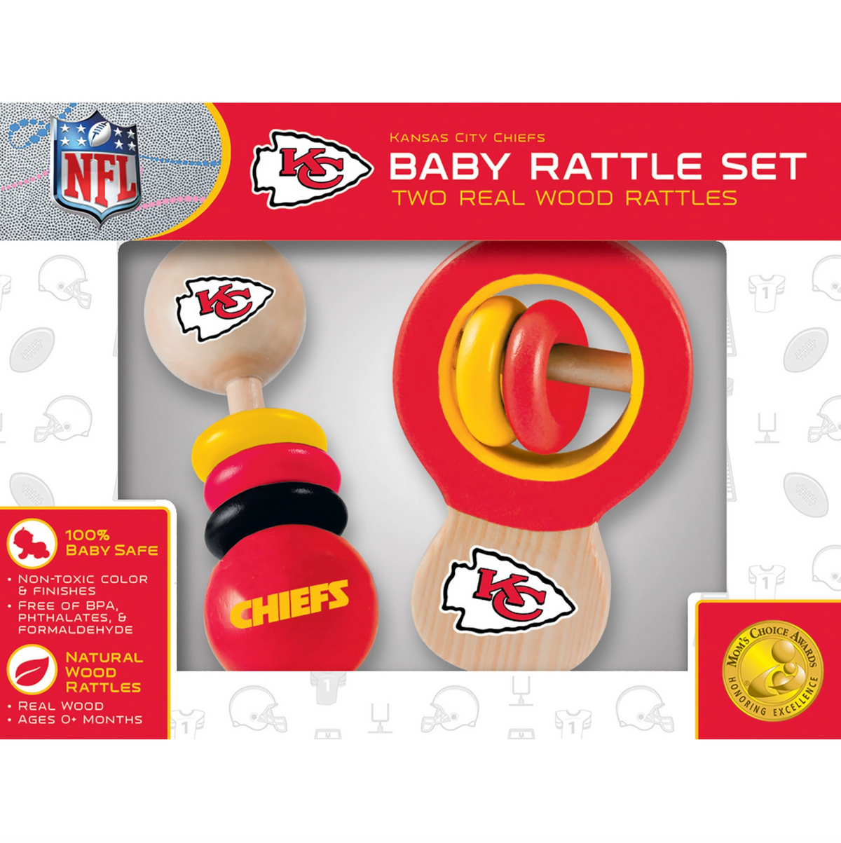Kansas City Chiefs NFL Baby Rattle Set in retail packaging, showing two wooden baby rattles with red, yellow, and black accents on a white background with product callouts.