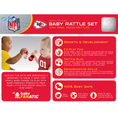 Load image into Gallery viewer, Promotional graphic for a baby rattle set featuring two real wood rattles. The design includes NFL and Kansas City Chiefs branding, a lifestyle photo of a baby holding the rattles, and a red infographic with icons detailing product features such as growth and development, tactile play, sensorimotor skills, and 100% baby safety.
