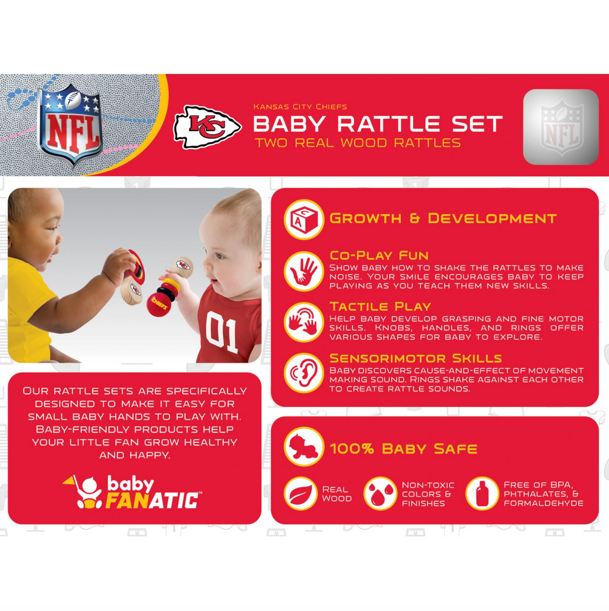 Promotional graphic for a baby rattle set featuring two real wood rattles. The design includes NFL and Kansas City Chiefs branding, a lifestyle photo of a baby holding the rattles, and a red infographic with icons detailing product features such as growth and development, tactile play, sensorimotor skills, and 100% baby safety.
