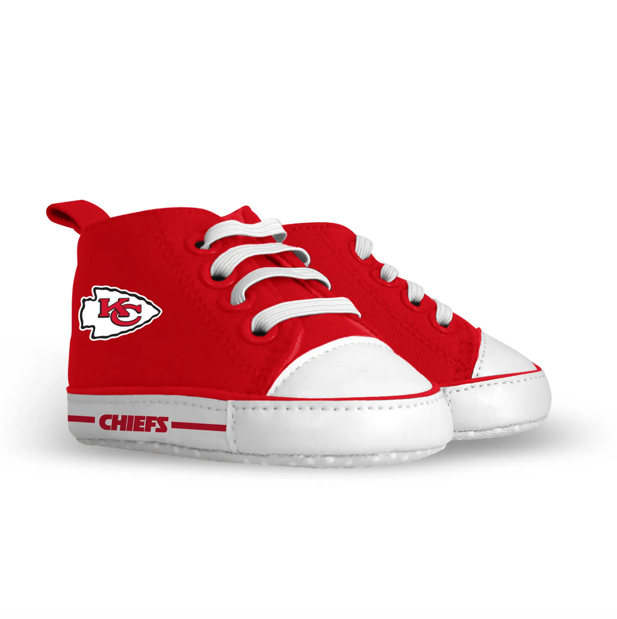 A pair of Kansas City Chiefs baby high-top sneakers in red and white, featuring the team logo on the side and 'CHIEFS' text on the white midsole.