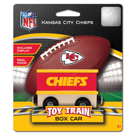 Kansas City Chiefs NFL toy train box car in retail packaging, featuring a small wooden toy train car with 'CHIEFS' lettering and a Kansas City Chiefs football displayed above it on the card.